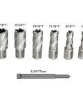 Annular cutters set, 6 pcs with Weldon shanks (1/2"–1-1/16"), plus a 6.34x77mm slugger drill bit with pilot pin