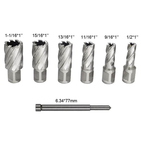 Annular cutters set, 6 pcs with Weldon shanks (1/2"–1-1/16"), plus a 6.34x77mm slugger drill bit with pilot pin