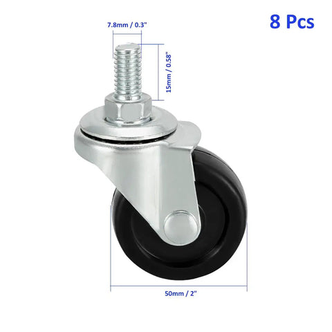 Heavy Duty Black Rubber Swivel Twin Wheel Casters With Threaded Stem Zero Grind Furniture Rollers For Cabinets Lockers And Carts, 50mm size.