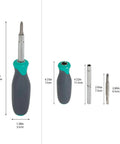 6 In 1 Multi Bit Screwdriver And Nut Driver Tool With Cushioned Grip For DIY Home Projects Slotted And Phillips Bits Includes Nut Drivers And Interchangeable Blades In A Durable Multicolor Finish, shown disassembled.