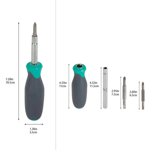 6 In 1 Multi Bit Screwdriver And Nut Driver Tool With Cushioned Grip For DIY Home Projects Slotted And Phillips Bits Includes Nut Drivers And Interchangeable Blades In A Durable Multicolor Finish, shown disassembled.