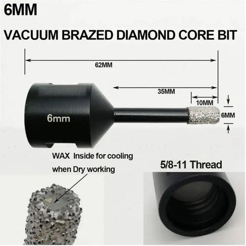 Diamond Core Drill Bit M14 Brazed Tip For Angle Grinder, 6mm size, vacuum brazed for efficient cutting of ceramic and porcelain.