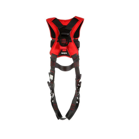 Red vest-style safety harness with padded straps, X Large size, adjustable fit, durable design for roofers and construction crews.