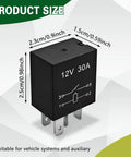 Tough As Nails 4 Pin 12V 30A Automotive Relay Pack dimensions with labels, nylon shell, plug and play design.