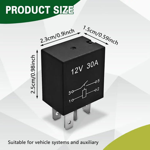 Tough As Nails 4 Pin 12V 30A Automotive Relay Pack dimensions with labels, nylon shell, plug and play design.