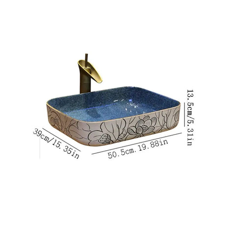 USZWBY Vessel Sinks Bathroom Vessel Sink Chinese Style Ceramic Washbasin Rectangular Countertop with Faucet Bathroom Bowl Sink with floral design and faucet