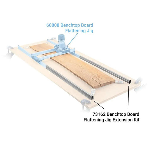 Benchtop Board Slab Flattening Jig For Your Router Sled System shown with wood slab and extension rails on tabletop.