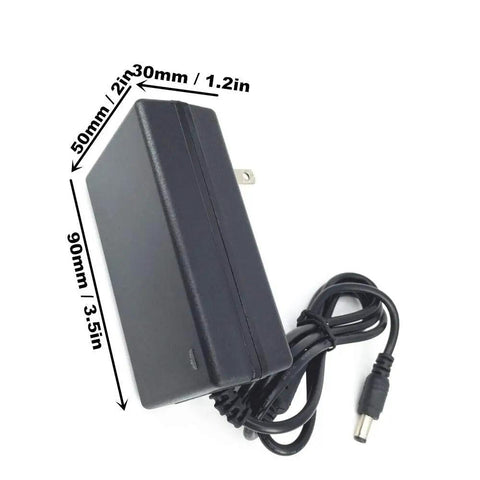 48W 12V 4A AC To DC Wall Adapter With 5.5mm x 2.1mm Female Plug, dimensions labeled, cable coiled beside adapter
