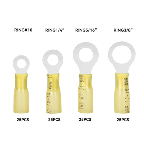 Heat Shrink Ring Terminal Kit 100 Pcs Yellow 12 To 10 AWG Waterproof With Tinned Copper Barrels For A Rock Solid Crimp And Full Wire Clamp No Slip Includes Four Sizes Size 10 One Quarter Inch Five Sixteenth Inch Three Eighth Inch displayed in four sizes