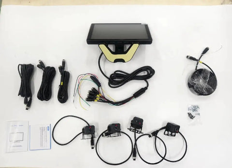 Hella Smooth Four Channel Truck Dash Cam With Ten Inch Touchscreen And 1080P HD Video Featuring ADAS Blind Spot Warning showing components and accessories.