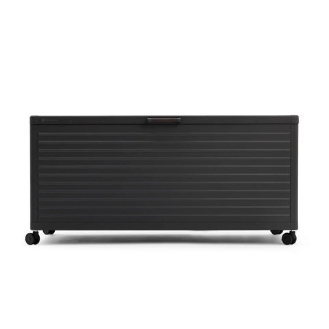 Front view of a 281 Gallon Outdoor Storage Box with Wheels for Easy Mobility and Soft Close Lid Waterproof Metal Deck Box in Charcoal.