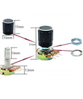 21Pcs Potentiometer Kit For DIYers With 7 Value Sets Three Pieces Each B5K B10K B20K B50K B100K B250K B500K showing rotary knob and dimensions