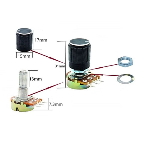 21Pcs Potentiometer Kit For DIYers With 7 Value Sets Three Pieces Each B5K B10K B20K B50K B100K B250K B500K showing rotary knob and dimensions