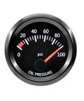 Oil pressure gauge, 52mm, black dial with white markings and orange pointer, metal bezel.