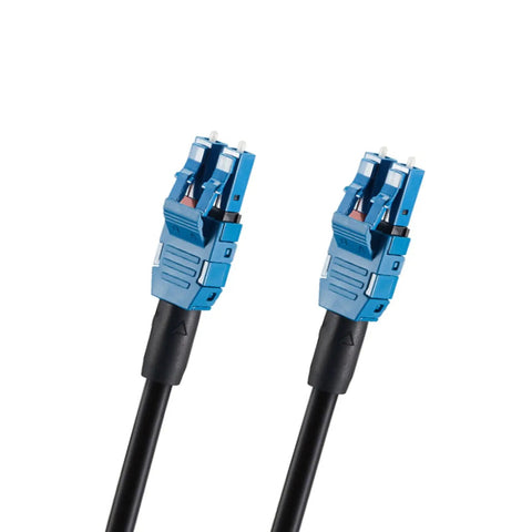Rock Solid 328 Ft Single Mode Fiber Optic Cable LC UPC Duplex Connectors, blue connectors showcased close-up.