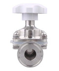 Front view of DERNORD sanitary diaphragm valve in stainless steel 316L with white handwheel and tri-clamp ends
