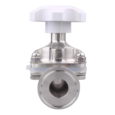 Front view of DERNORD sanitary diaphragm valve in stainless steel 316L with white handwheel and tri-clamp ends