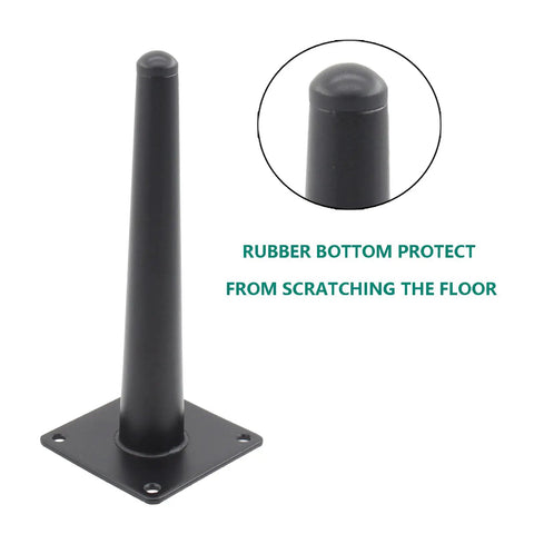 Close-up of Heavy Duty Round Tapered Iron Furniture Legs 4 Pack Black 55cm High 22 Inches Built To Last 440lbs Per Leg rubber pad.