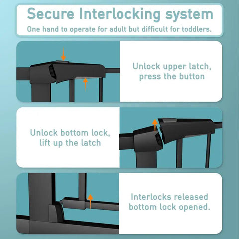 Secure interlocking system for 38.5 Inch Extra Tall Pressure Mounted Pet Gate With Walk Through Door Adjustable 29.53 To 32.28 Inch Wide.