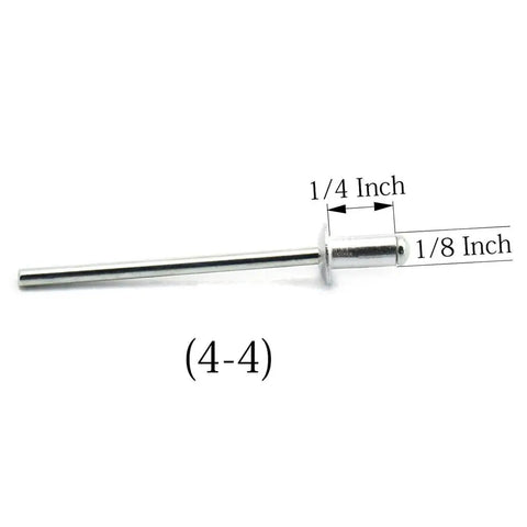 120Pcs Aluminum Blind Rivets Set 1/8 Inch By 1/4 Inch Round Dome Head Open End Fasteners, metal rivet with dimensions labeled