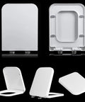 Square Toilet Seat Featuring Elongated 18.5 Inch Profile And Smooth Soft Close Lid, showing both open and closed positions.
