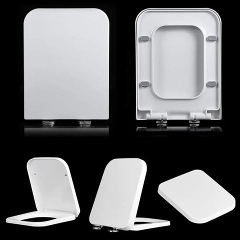Square Toilet Seat Featuring Elongated 18.5 Inch Profile And Smooth Soft Close Lid, showing both open and closed positions.