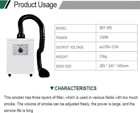 Moveable Welding Fume Extractor For Desktop Use Dual Port Smoke Remover 3 Stage Purifier Filtration specifications chart