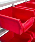 Close-up of red removable bins on Heavy Duty Metal Bin Rack Storage Organizer System With 76 Removable Bins For Tools Hardware Nuts Bolts