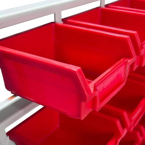 Close-up of red removable bins on Heavy Duty Metal Bin Rack Storage Organizer System With 76 Removable Bins For Tools Hardware Nuts Bolts