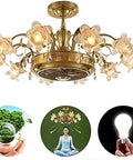 Vintage Retro Ceiling Fan With Crystal Light Fixture And Remote Control For Living Room Dining Bedroom, decorative brass design with floral glass lights.