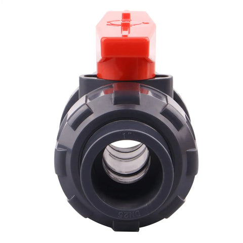 Front view of Two Pack PVC True Union Ball Valves, 1 inch socket, featuring red handle and full port design for irrigation