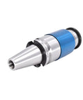 Heavy Duty Tapping Chuck With Floating Retractable BT40 Collet System For CNC Milling Machines in stainless steel design with blue accents.