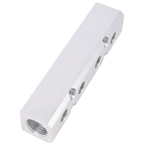 Beefy Aluminum Air Manifold For Four Way Six Port Pneumatic System With One Quarter Inch NPT Output And One Half Inch NPT Supply Heavy Duty Air Distribution Block For Industrial Automation, white aluminum block