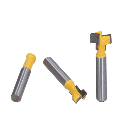 Pro Keyhole Router Bits Set 3 Pcs 1/4 Inch Shank T Slot Milling Cutters made from durable carbon steel, showing three pieces.