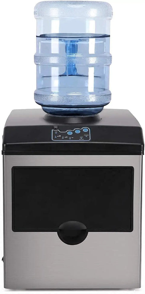 Top Shelf Electric Ice Cube Maker Machine With Integrated Water Dispenser Premium Stainless Steel countertop design with water tank.
