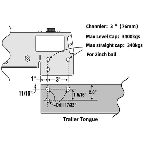 DLFZWB 2-inch ball hydraulic trailer surge coupling, side-view diagram on trailer tongue