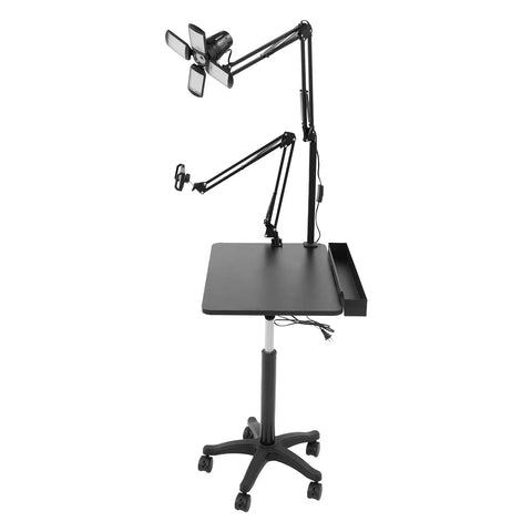 Smooth Rolling Adjustable Height Tattoo Workstation With Bright Led Panel And Smart Storage Rack For Your Professional Mobile Art Studio Daily Grind And Heavy Duty Gear, showing black cart with light and shelf.