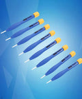 8 Piece Slotted Screwdriver Set With Anti Static Ceramic Bits And Plastic Handles For Precision High Frequency Circuit Adjustment And Electronics Repair Durable Comfortable Grip For Pro Tech DIY arranged on a blue background
