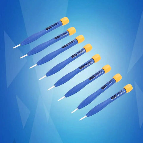 8 Piece Slotted Screwdriver Set With Anti Static Ceramic Bits And Plastic Handles For Precision High Frequency Circuit Adjustment And Electronics Repair Durable Comfortable Grip For Pro Tech DIY arranged on a blue background