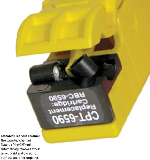 Drop Stripping Tool For RG6 RG59 Coax Cable close-up, yellow tool component showing internal cleanout feature.