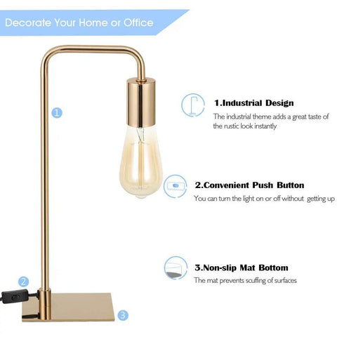 Gold Industrial Desk Lamp With E26 Base For Nightstand And Dorm Rooms, Small Metal Table Light, Curved Tube Design, No Shade