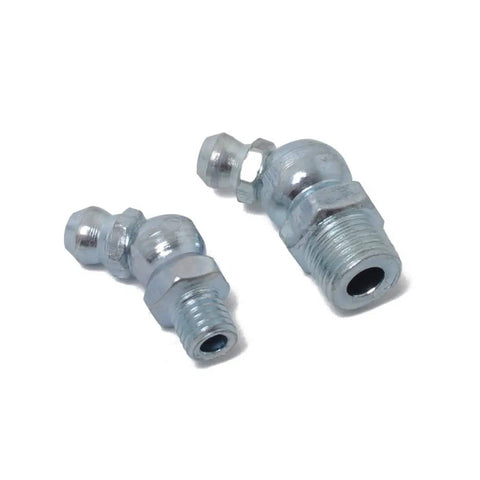 Two metal fittings from 80 Piece Grease Fitting Assortment Kit With Angled And Straight Nozzles For Easy Lubrication