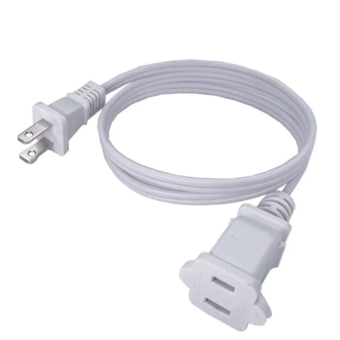 Short White Indoor Extension Cord Two Foot, Polarized 2 Prong NEMA 5-15P to 5-15R, Outlet Saver Power Cable coiled view