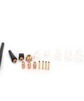 Heavy Duty Welding Torch Consumable Kit With Beefy Glass Cups Rock Solid Brass Clamps and Durable Electrodes laid out on a white background.