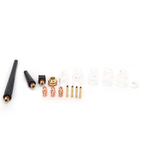 Heavy Duty Welding Torch Consumable Kit With Beefy Glass Cups Rock Solid Brass Clamps and Durable Electrodes laid out on a white background.