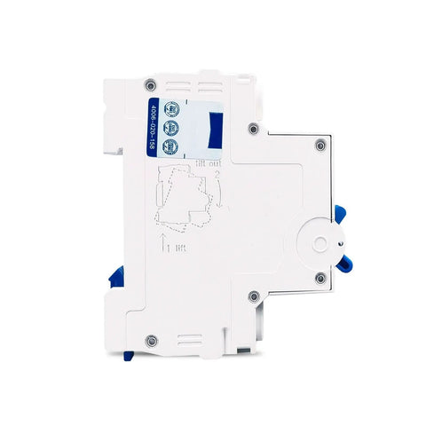 Built Tough Three Pole AC Circuit Breaker MCB 20 Amp Miniature Switch viewed from the side, showcasing its compact, durable white casing.