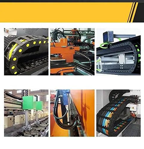 Open Type Drag Chain Cable Carrier With End Connectors 25x57mm Inner Size 1 Meter shown in various CNC machine setups