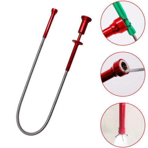 Three Piece Telescoping Magnetic Pick Up Kit With LED Light showing red grabber tool with flexible metal shaft and LED tips