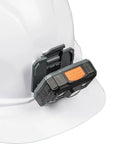 Rechargeable LED Headlamp for Hard Hats, 300 Lumen Work Light with Magnetic Mount, attached to a white hard hat