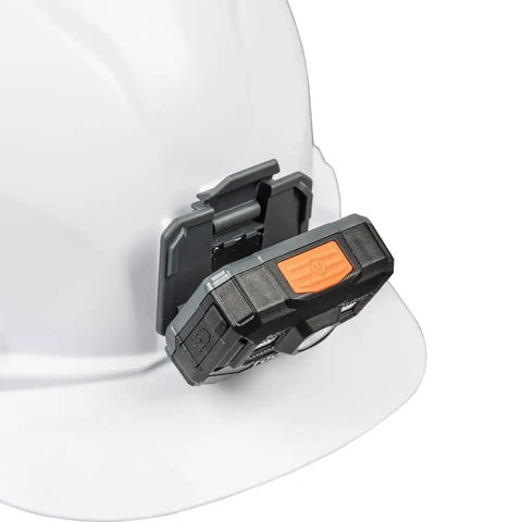 Rechargeable LED Headlamp for Hard Hats, 300 Lumen Work Light with Magnetic Mount, attached to a white hard hat